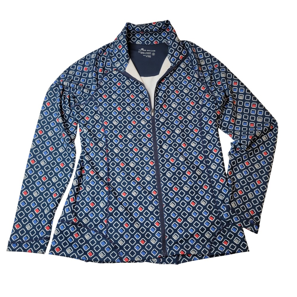 Peter Millar Quarter Zip Pullover Womens Medium Navy Blue Geometric UPF 50+